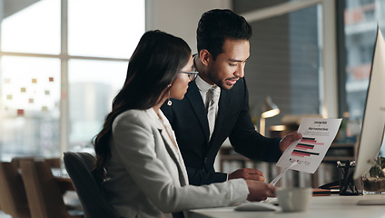 Image showing Computer, tablet and professional team, stock market and consulting on NFT data, trading insight or IPO analytics. Finance partner, broker discussion and business people teamwork on crypto statistics