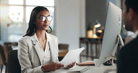 Image showing Interview, human resources and handshake, business people in conversation and hiring, b2b and recruitment. Woman HR manager shaking hands, communication and networking, onboarding and collaboration