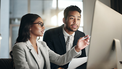 Image showing Computer, documents and professional team collaboration on data, trading investment or financial project. Paperwork, administration or business people teamwork, cooperation and review bank statistics