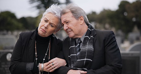 Image showing Funeral, graveyard and senior couple in cemetery for comfort, empathy and support at memorial service. Depression, grief and sad man and woman hug for goodbye, mourning and burial for death at tomb