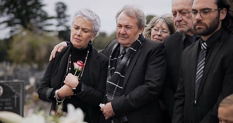 Image showing Death, funeral and elderly couple sad together at pain or grief for death and loss during a ceremony. Rose, support or empathy with a senior man and woman feeling depression at a memorial service