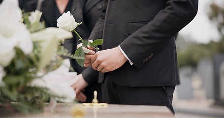 Image showing Hand, rose and a person at a funeral in a graveyard in grief while mourning loss at a memorial service. Death, flower and an adult in a suit at a cemetery with a coffin for an outdoor burial closeup