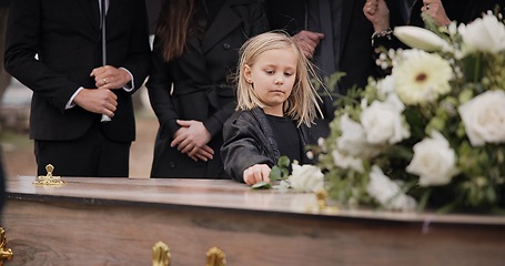 Image showing Death, grief and girl at funeral with flower on coffin, family and sad child at service in graveyard for respect. Roses, loss and people at wood casket in cemetery with kid crying at grave for burial