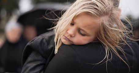 Image showing Sad, sleeping and a child with father at a funeral with comfort for depression while mourning. Tired, hug and a girl kid with a dad at graveyard for care and love after a family death at the cemetery