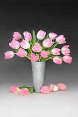 Image showing Pink Easter Egg and Tulip Flower Still Life