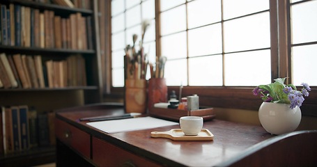 Image showing Paper, Japanese study and art document with a desk for creativity for ancient culture and activity. Temae, paint and zen with ink pot, brushes and pencil for traditional and suibokuga drawing