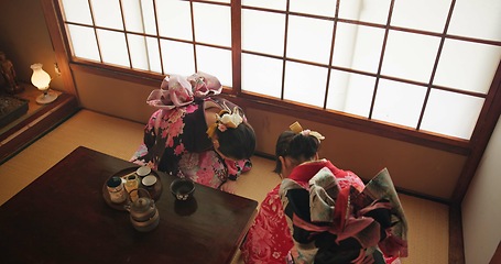 Image showing Tea ceremony, Japanese women and bow with hospitality and respect for ancient culture and ritual. Temae, calm and zen with healing, detox and matcha drink for heritage and traditional religion above