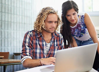 Image showing Laptop, students and friends learning in university, research or reading online together. Computer, education and team in college for studying knowledge, typing information or scholarship in class