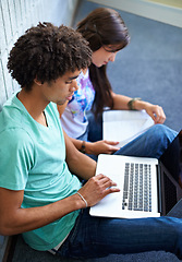 Image showing Laptop, students and learning in university, research or reading online together. Computer, education and friends in college for studying knowledge, typing information or scholarship at school campus