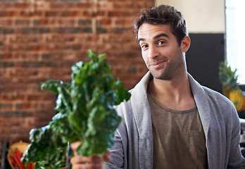 Image showing Portrait, spinach or happy man shopping in supermarket for grocery sale or discounts deal. Promotion, offer or customer giving fresh produce for diet nutrition, organic vegetables or healthy food