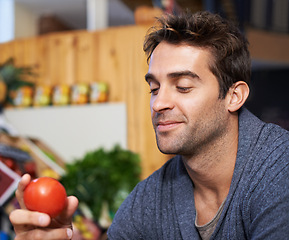 Image showing Tomato, choice or man shopping at a supermarket for grocery promotions, sale or discounts deal. Smile, retail or customer buying groceries for healthy nutrition, organic vegetables or food produce