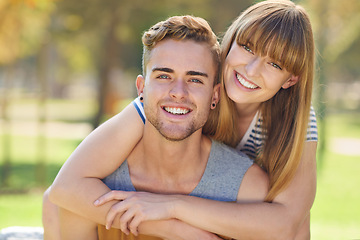 Image showing Portrait, park and couple with love, hug and happiness with marriage and bonding together. Face, embrace and man with woman and cheerful relationship and outdoor for a date with fun, joyful and smile