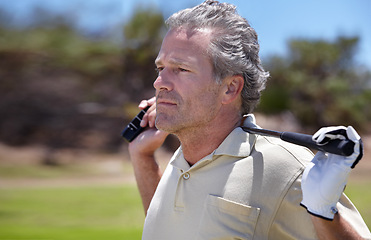 Image showing Sport, man and thinking on golf course outdoor with club for playing, performance or game with fitness and wellness. Athlete, mature person and thoughtful golfer with exercise on grass for recreation