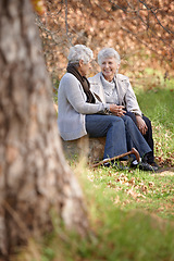 Image showing Senior women, listening or talking in nature by autumn leaves, happy or bonding on retirement in outdoor. Elderly friends, smile or discussion on vacation in forest, care or social in woods on rock