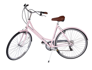 Image showing Pink retro bicycle with brown saddle and handles, generic bike side view
