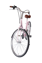 Image showing Pink retro bicycle with brown saddle and handles, generic bike front view