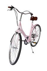 Image showing Pink retro bicycle with brown saddle and handles, generic bike front view