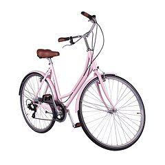 Image showing Pink retro bicycle with brown saddle and handles, generic bike side view