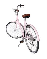 Image showing Pink retro bicycle with brown saddle and handles, generic bike back view