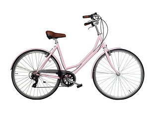 Image showing Pink retro bicycle with brown saddle and handles, generic bike side view