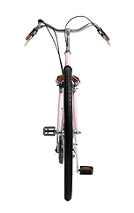 Image showing Pink retro bicycle with brown saddle and handles, generic bike front view