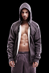 Image showing Fashion, body and portrait of man in studio with hoodie, jacket or grunge style choice on black background. Streetwear, chest or confident male model posing in punk outfit, clothes and cool attitude