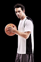 Image showing Sports, basketball and portrait of fitness man with ball in studio for training, wellness or fun hobby on black background. Workout, face and male athlete with handball match, workout or performance