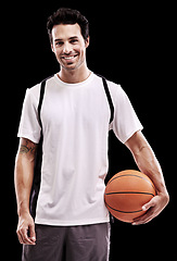 Image showing Fitness, basketball and portrait of happy man with ball in studio for training, wellness or fun hobby on black background. Sports, face and male athlete with handball match, workout or performance