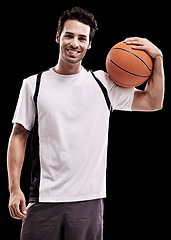 Image showing Fitness, basketball and portrait of happy man with ball in studio for training, wellness or fun hobby on black background. Sports, face and male athlete with smile and match, workout or performance