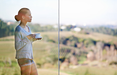 Image showing Woman, coffee and thinking at window, view with drink or warm beverage for morning routine and reflection in nature. Peace, calm and espresso for caffeine, ponder life with tea cup in countryside