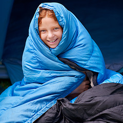 Image showing Happy, camping and portrait of child in sleeping bag for resting, relax and comfortable in tent. Travel gear, youth and girl in sleep sack for adventure on holiday, vacation and weekend outdoors