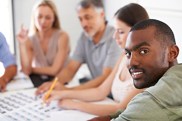 Image showing Magazine, design and portrait of man in meeting with team project, collaboration and creative planning. African, person and photographer work at table with catalog, portfolio and editing process