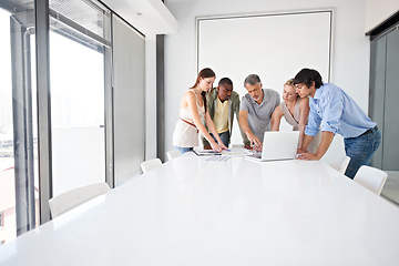 Image showing Teamwork, meeting or business people with laptop in an office for research, planning and discussion. Diversity, agency or group of professional designers working in collaboration on creative project