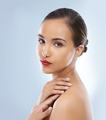 Image showing Cosmetic, makeup and portrait of woman in studio with natural, beauty and face routine with red lipstick. Self care, confident and female model with facial cosmetology treatment by gray background.