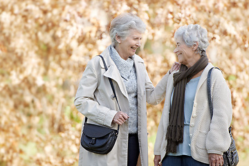 Image showing Senior friends, happy and conversation in park by autumn leaves, together and bonding in retirement in outdoor. Elderly women, smile or communication on vacation in england, care or travel in nature