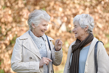 Image showing Senior women, happy and conversation in park by autumn leaves, together and bonding on retirement in outdoor. Elderly friends, smile or communication on vacation in england, care or social in nature