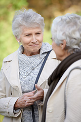 Image showing Senior women, listening and conversation in park together for social, morning and bonding on retirement in outdoor. Elderly friends, smile and talking of pension in england, care and calm in nature