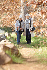 Image showing Senior women, walking and support in park by autumn leaves, together and bonding on retirement in outdoor. Elderly friends, love and person with disability on vacation, care and talking in nature