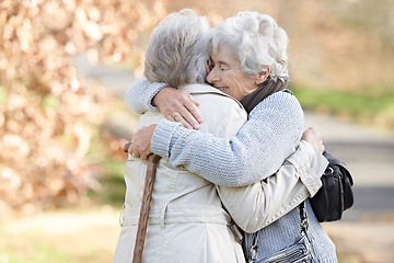 Image showing Nature, love and senior friends hugging for support, bonding or care in outdoor park or garden. Happy, smile and elderly women in retirement embracing for greeting, connection or trust in field.