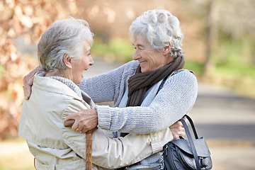 Image showing Nature, excited and senior women hugging for support, bonding or care in outdoor park or garden. Happy, smile and elderly friends in retirement embracing for greeting, connection or trust in field.