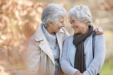 Image showing Senior women, happy and support in park by autumn leaves, together and bonding on retirement in outdoor. Elderly friends, hugging or communication on vacation in england, smile or social in nature