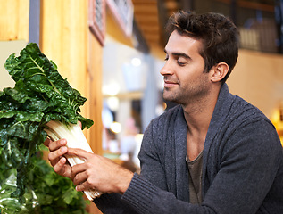 Image showing Spinach, choice and man shopping at a supermarket for grocery promotions, sale or discounts deal. Green plants, fresh or customer buying groceries for healthy nutrition, organic vegetables or diet