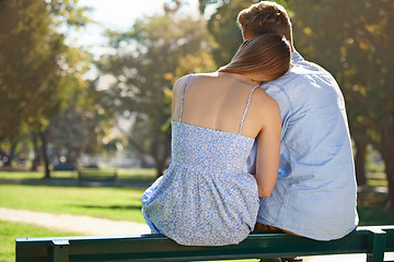 Image showing Back of couple, relax in a park and view of nature with hug, love and trust in healthy relationship for commitment. Peace, calm and people in public garden for bonding or romantic date with partner