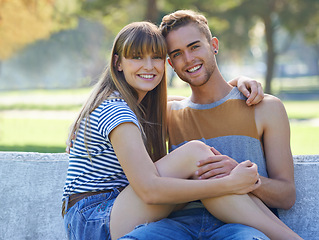 Image showing Portrait of couple, relax on park bench and smile for nature with love and trust in healthy relationship. Commitment, happiness and people in public garden for bonding or romantic date with partner