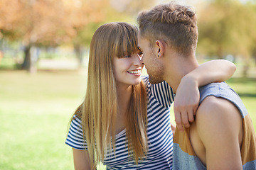 Image showing Nature, park and happy couple with love, eye contact or smile for romantic date in natural garden. Marriage, connection and relax boyfriend, girlfriend or people bonding together in sweet moment