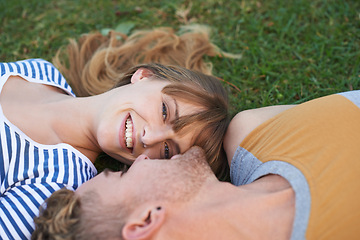 Image showing Grass field, love and portrait of happy woman, couple or people relax for outdoor sunshine, wellness or romantic date. Smile, commitment and face of woman lying with partner on pitch, garden or lawn