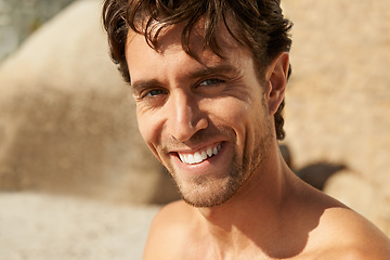 Image showing Man, smile and portrait at the beach on a holiday and summer vacation outdoor with travel. Happy, sea and male person from California by the ocean with confidence and freedom from trip and journey