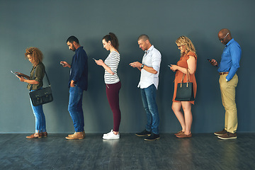 Image showing Businesspeople, hiring and waiting in line with technology or recruitment, onboarding or internet. Men, women and corporate diversity or cellphone in queue or interview, human resources or employment