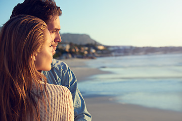 Image showing Beach sunset, love and face of couple with view, outdoor wellness or travel vacation in Greece. Mockup space, commitment and relax people looking at nature, sea or ocean on weekend break together