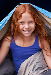 Image showing Happy, camping and portrait of child in sleeping bag for resting, relax and comfortable in tent. Travel gear, ginger and girl in sleep sack for adventure on holiday, vacation and weekend outdoors